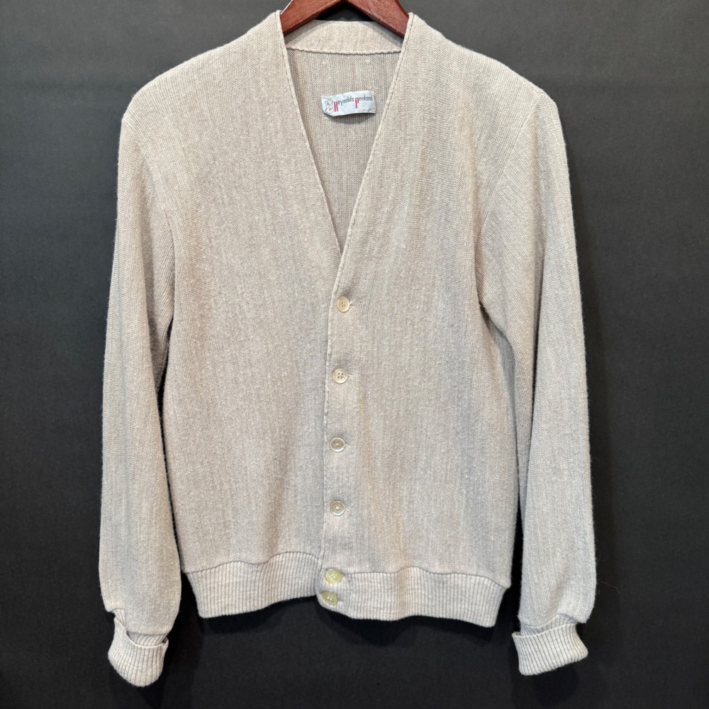 Vintage Reynolds Penland Mens Beige Knit Button Front V-Neck Cardigan Sweater
